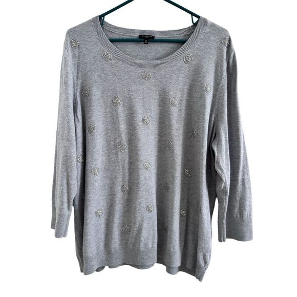 Talbots Cotton Rayon Blend 3/4 Sleeve Lightweight Gray‎ Sweater Beaded Accent 2X - Picture 1 of 6